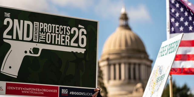 Demonstrators gather for a Second Amendment rally at the Washington state Capitol on March 20, 2021, in Olympia. (David Ryder/Getty Images)