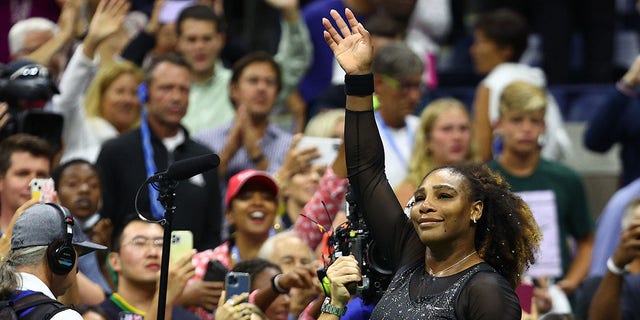 Serena Williams thanks the fans after being defeated by Ajla Tomlijanovic of Australia during a third-round match at the 2022 U.S. Open at USTA Billie Jean King National Tennis Center Sept. 2, 2022, in the Flushing neighborhood of the Queens borough of New York City.