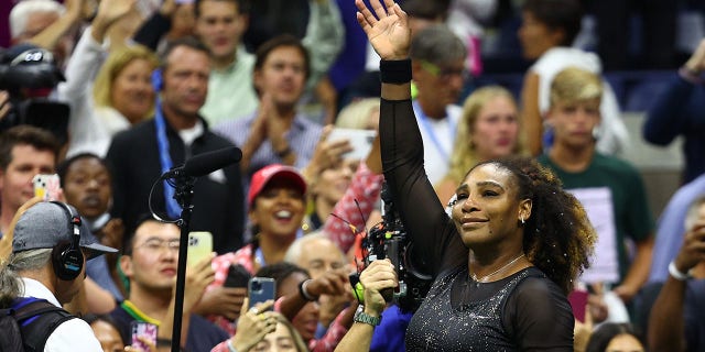 Serena Williams thanks the fans after being defeated by Ajla Tomlijanovic of Australia during a third-round match at the 2022 U.S. Open at USTA Billie Jean King National Tennis Center Sept. 2, 2022, in the Flushing neighborhood of the Queens borough of New York City.
