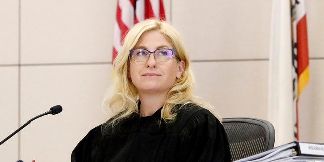 Judge Jennifer J. O'Keefe glances at a slide of a photo of evidence at the Kristin Smart murder trial on Sept. 19, 2022, at the Monterey County Superior Court in Salinas, CA.