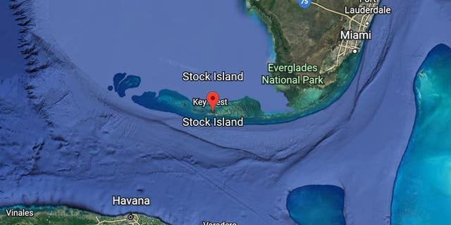 A Google Earth image shows where Stock Island, Fla., lies in proximity to Cuba and the tip of continental Florida.
