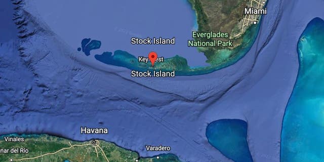 A Google Earth image shows where Stock Island, Fla., lies in proximity to Cuba and the tip of continental Florida.
