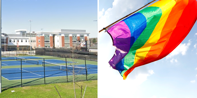 Side by side photo of Stoughton High in Massachusetts and a gay pride flag flying. 