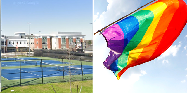 Side by side photo of Stoughton High in Massachusetts and a gay pride flag flying.