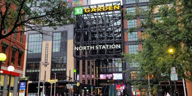 A Google Earth image shows the north station entrance to TD Garden Arena in Boston, Mass.