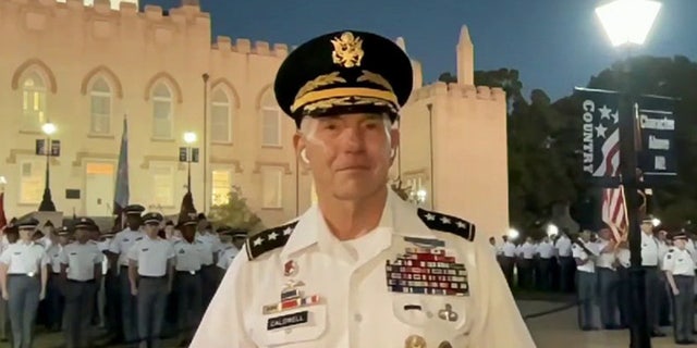 Cadets at the Georgia Military College recite the school motto behind Lt. Gen. Caldwell on "Fox and Friends" on Friday, Sept. 23, 2022.