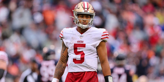 Quarterback Trey Lance, #5 of the San Francisco 49ers, looks onward during the first half against the Chicago Bears at Soldier Field on September 11, 2022, in Chicago, Illinois.