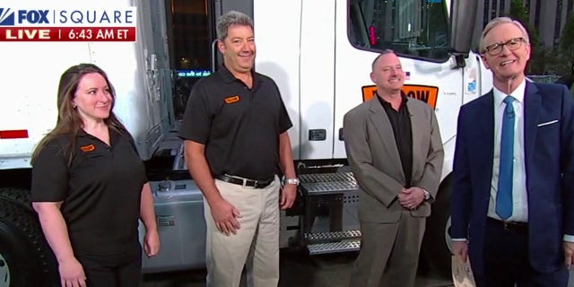 Yellow Trucking employees — left to right, truckers Esther Parsons, Russ Simpson and senior VP of trucker relations Bryan Reifsnyder — joined 'Fox and Friends' on Friday, Sept. 16, 2022.