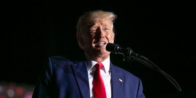 Former President Donald Trump speaks at a Save America Rally at the Aero Center Wilmington on September 23, 2022 in Wilmington, North Carolina. The "Save America" rally was a continuation of Donald Trump's effort to advance the Republican agenda by energizing voters and highlighting candidates and causes.