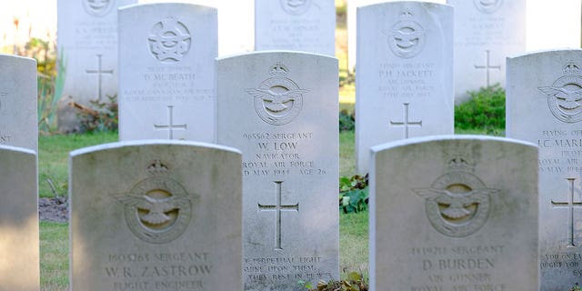 The grave of the Sergeant William Low from the Royal Air Force Volunteer Reserve is seen in the Reichswald Forest War Cemetery on August 23, 2022, in Kleve, Germany.