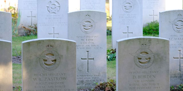 The grave of the Sergeant William Low from the Royal Air Force Volunteer Reserve is seen in the Reichswald Forest War Cemetery on August 23, 2022, in Kleve, Germany.