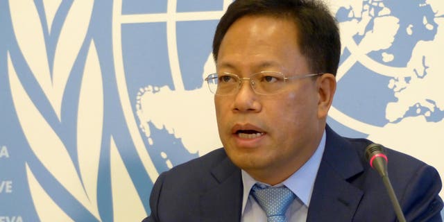 Xu Guixiang, director of the information office of China's Xinjiang province, pictured here at a Human Rights Council meeting in Geneva, Switzerland, on Sept. 22, 2022, denies claims that China is committing human rights violations against minority groups such as Uyghur Muslims.