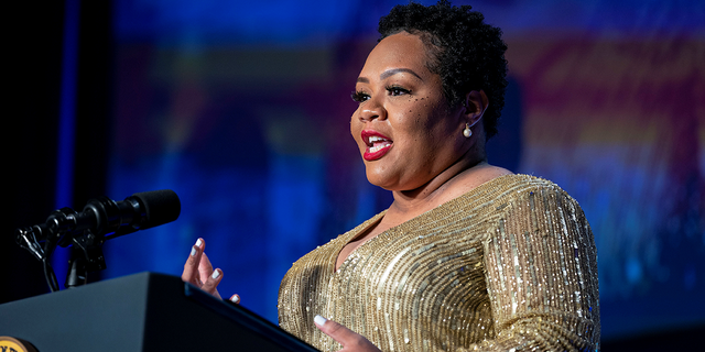 Yamiche Alcindor, host of Washington Week on PBS, speaks during the annual White House Correspondents Association Dinner in Washington, U.S., April 30, 2022.