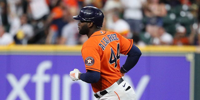 No. 44 Jordan Alvarez of the Houston Astros hits a home run Sept. 16, 2022 against the Oakland Athletics at Minute Maid Park in Houston, Texas.