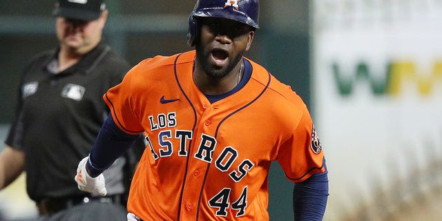 Yordan Alvarez #44 of the Houston Astros hits a home run in the first inning against the Oakland Athletics at Minute Maid Park on September 16, 2022 in Houston, Texas.