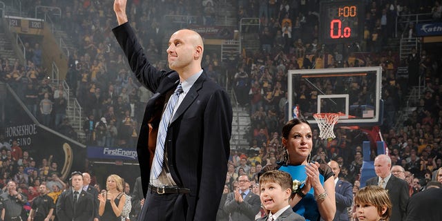 Zydrunas Ilgauskas #11 of the Cleveland Cavaliers thanks his fans during half time of the game against the New York Knicks at The Quicken Loans Arena on March 8, 2014 in Cleveland, Ohio.