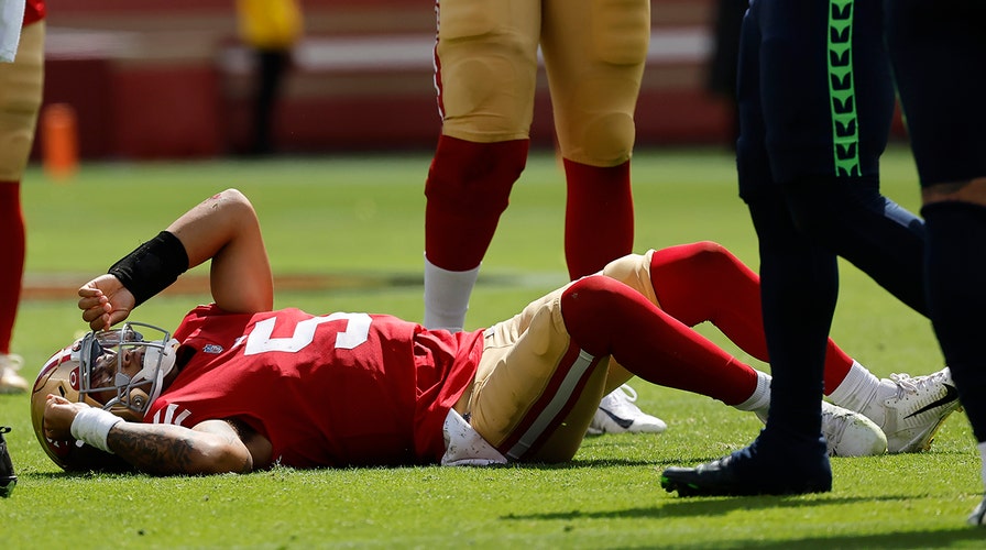 49ers' Trey Lance carted off the field with ankle injury
