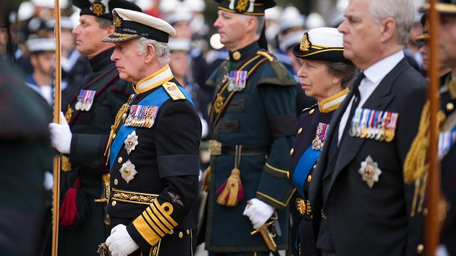 King Charles and Princess Anne wear military uniforms for Queen Elizabeth's state funeral.