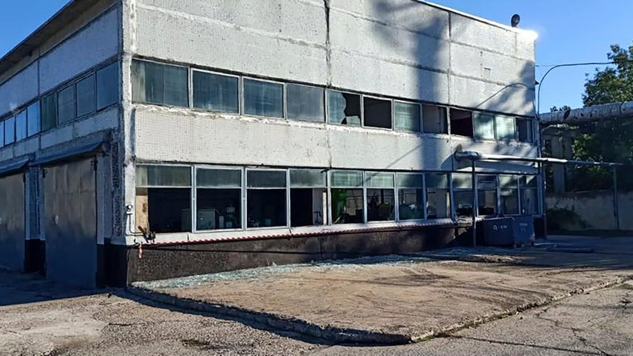 broken windows are seen in an industrial area building of the South Ukraine nuclear power plant after a Russian rocket strike