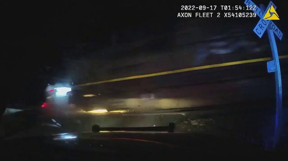 A photo of a train that struck the vehicle containing the suspect