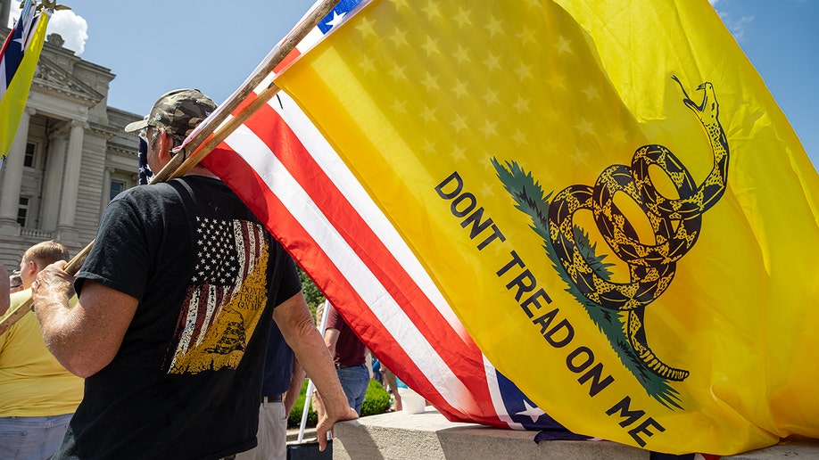 The yellow Gadsden flag that reads "Don't Tread On Me"