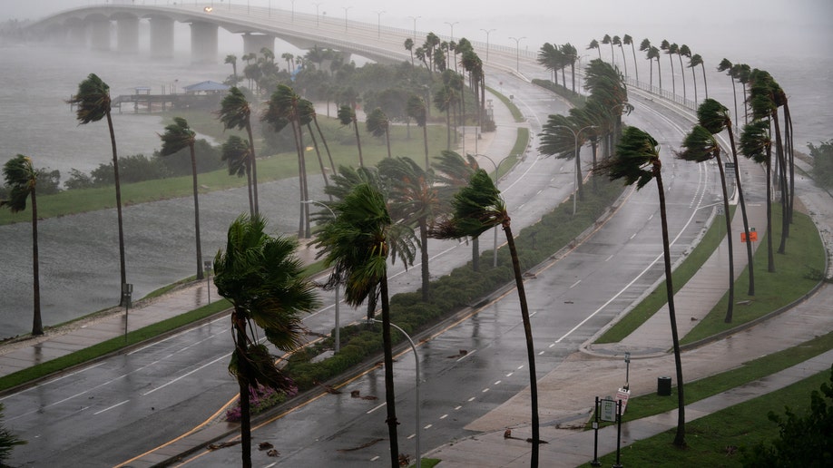 Wind gusts blow through palm trees forcing them to bend over highways as Hurricane Ian hits Florida