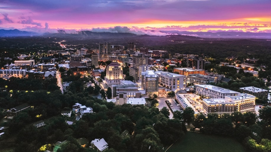 Asheville, North Carolina skyline at sunset