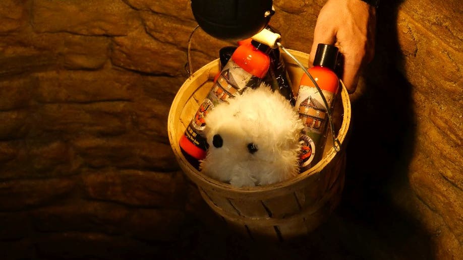 Buffalo Bill's House well props: bucket, stuffed dog and lotion bottles