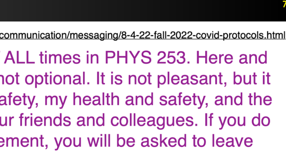 Screenshot of physics syllabus from Northern Illinois University saying masks are reuired