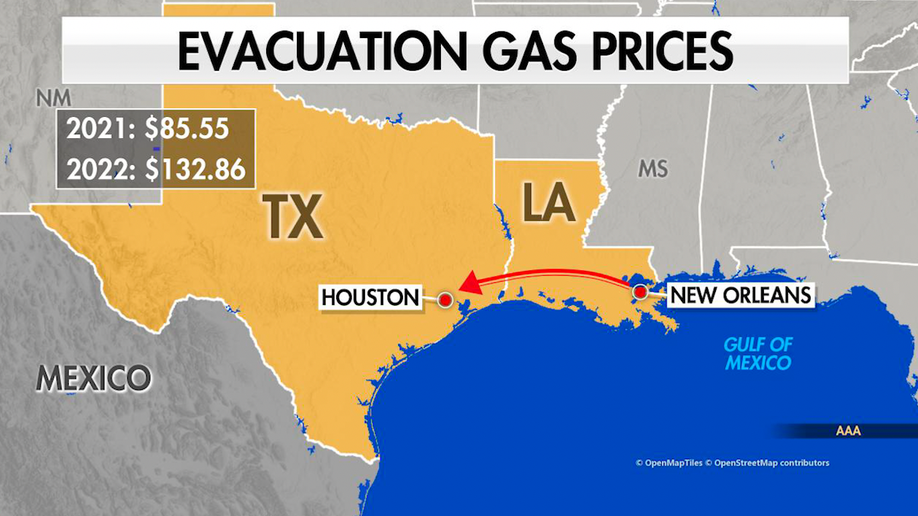 Map that shows route from New Orleans to Houston. 2021 gas price is at $85.55. 2022 gas price is $132.86