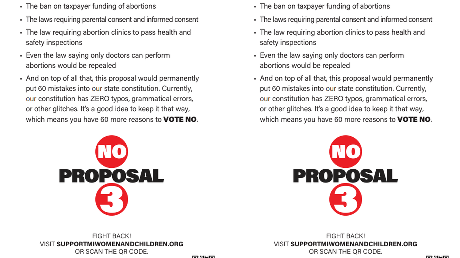 Screen shot of material from the Right to Life of Michigan on Prop. 3