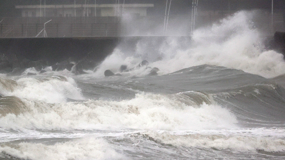 High waves hit the shore in Miyazaki, southern Japan