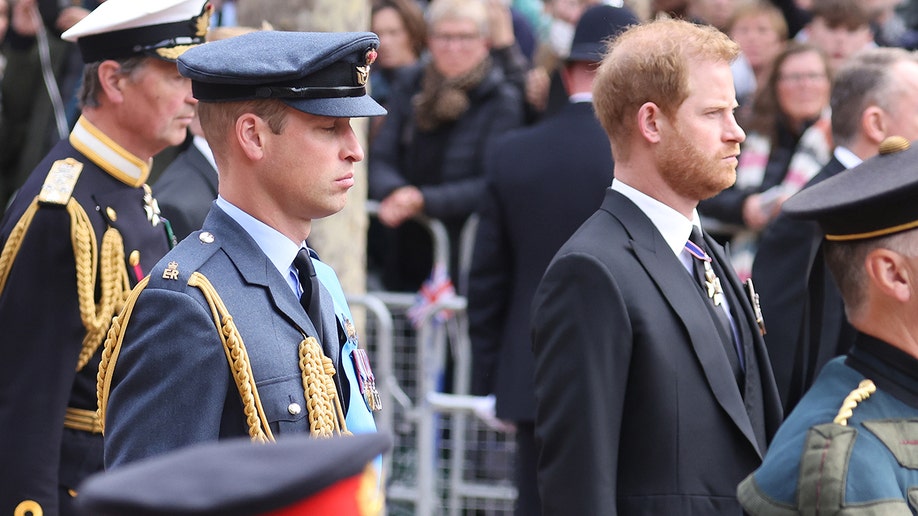 Prince William and Prince Harry stand outside of Westminster Abbey with solemn expressions during Queen Elizabeth's state funeral.