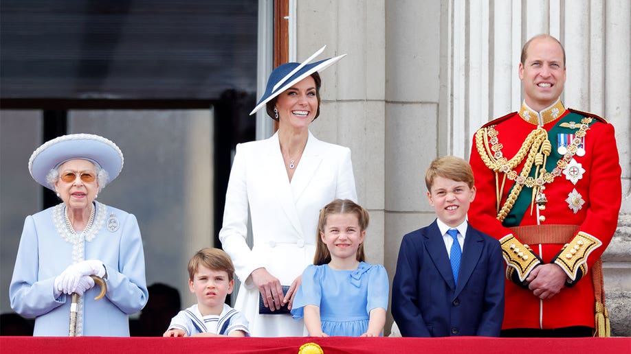 Queen Elizabeth II with Prince William, Catherine, Duchess of Cambridge and their children