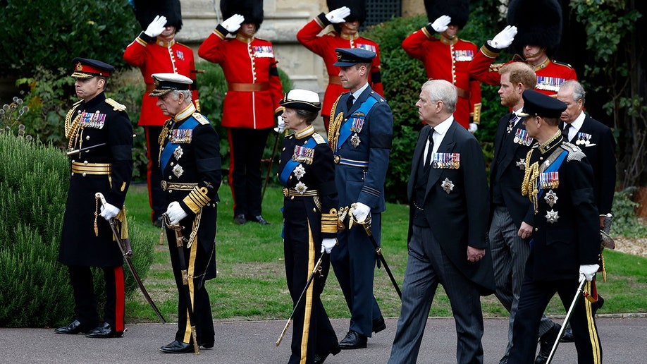 King Charles, Princess Anne, and Prrince William wwear military uniforms during Queen Elizabeth's state funeral.