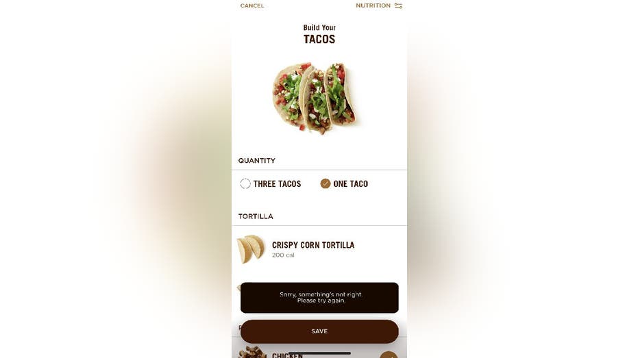 Chipotle App order menu for tacos