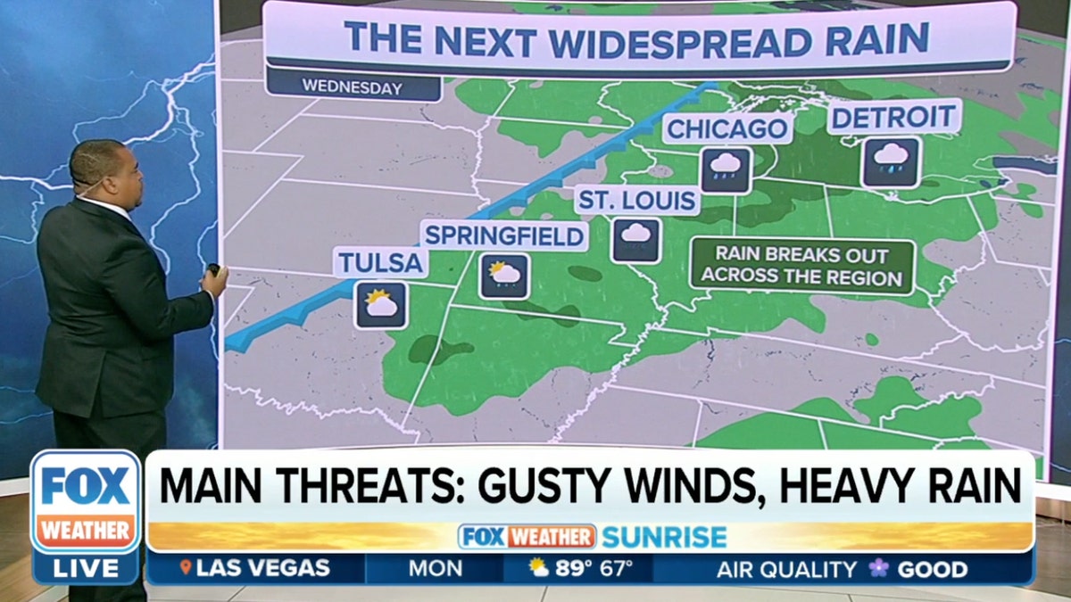 Fox Weather reporter in front of map showing widespread rain