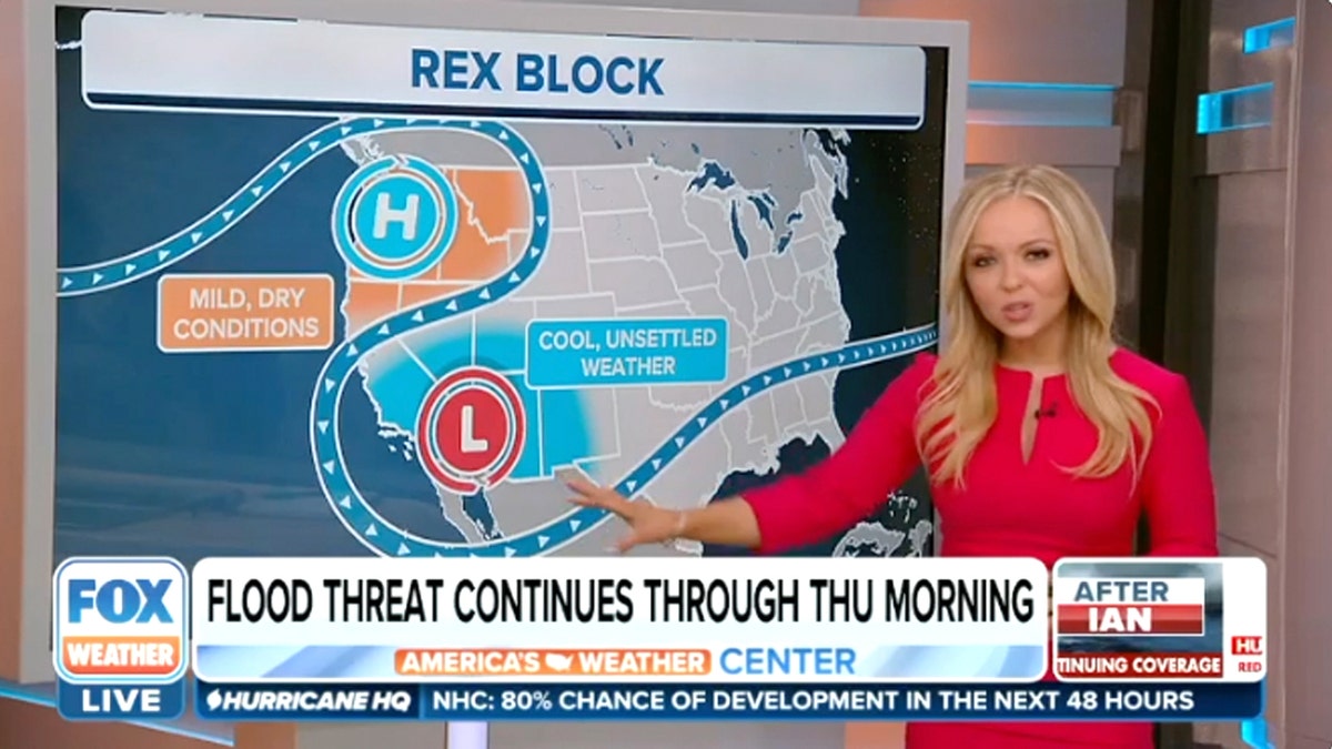 Fox Weather anchor in front of map showing flood threat