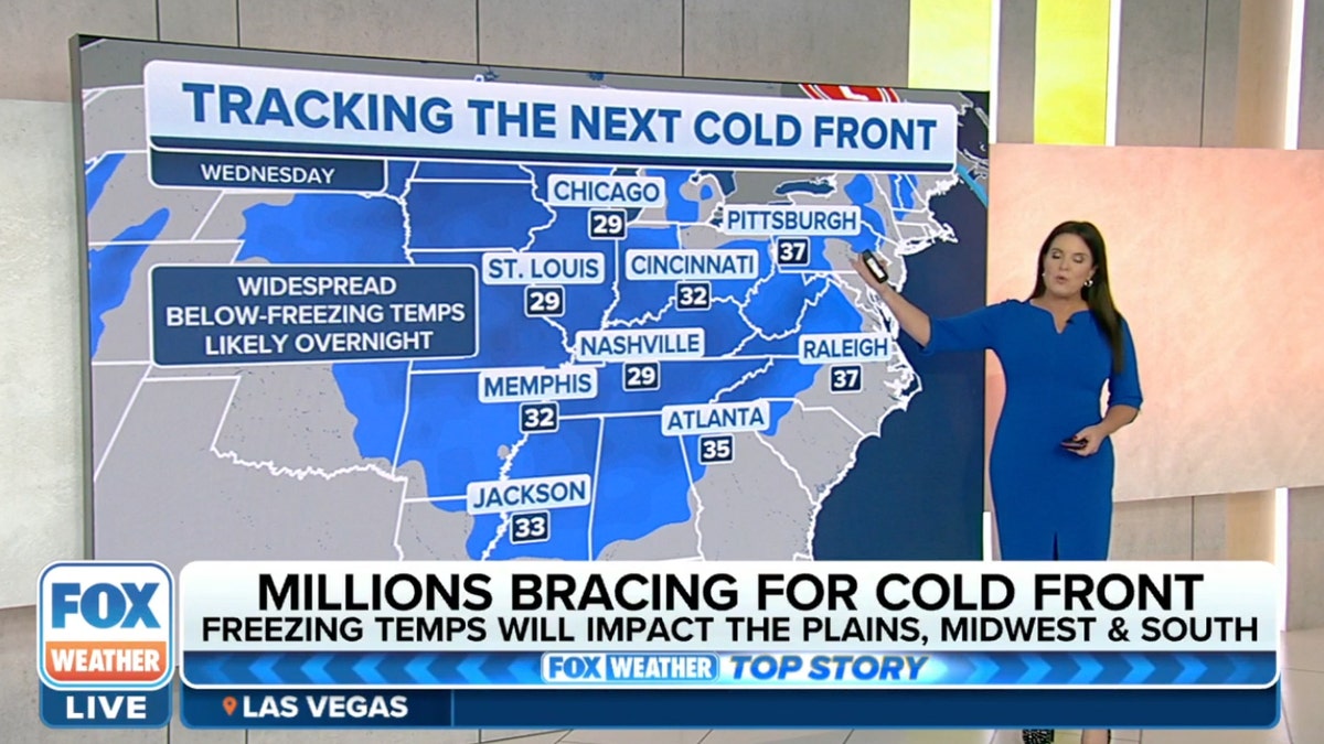 Fox Weather reporter in front of a map showing a cold front moving in