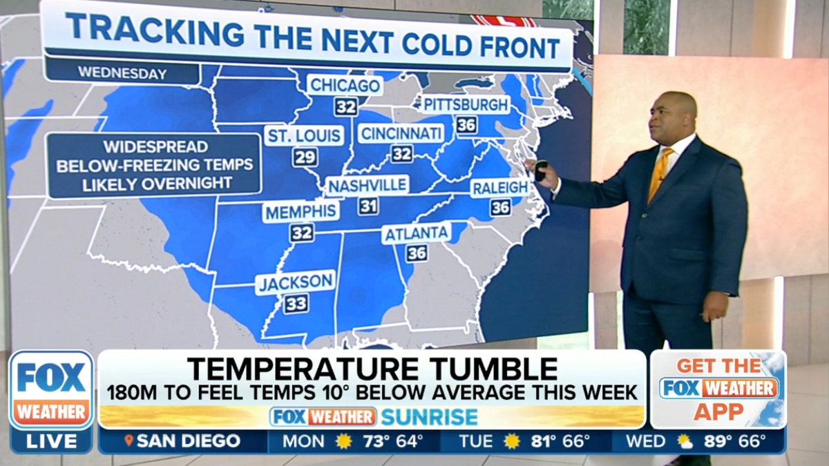 Fox Weather anchor stands in front of map showing cold front