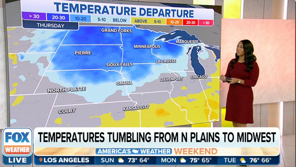 Fox Weather reporter standing in front of weather map showing cool temperatures