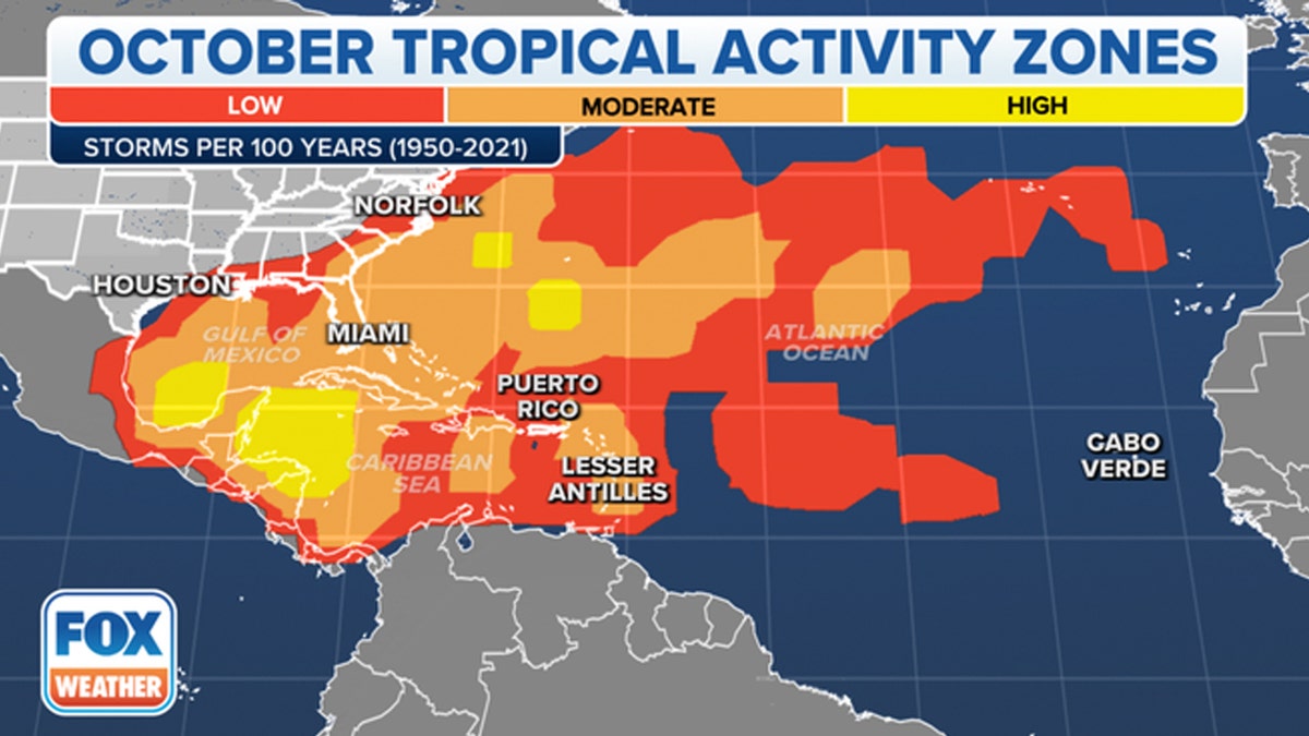 A Fox Weather map showing tropical activity zones