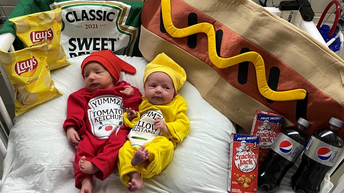 Babies dressed up as ketchup and mustard bottles