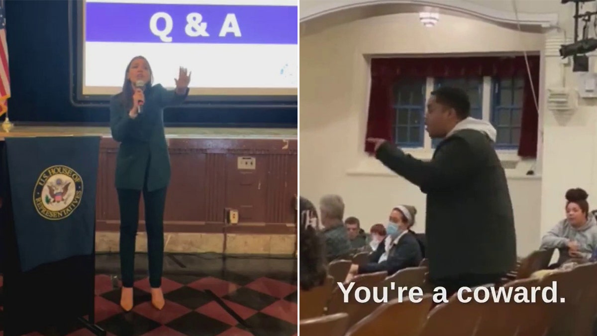 AOC responds to protester at town hall in the Bronx, NYC