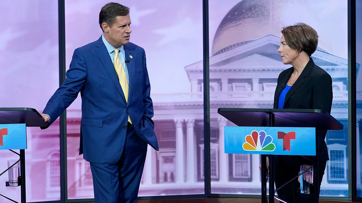 Geoff Diehl and Maura Healey at a debate