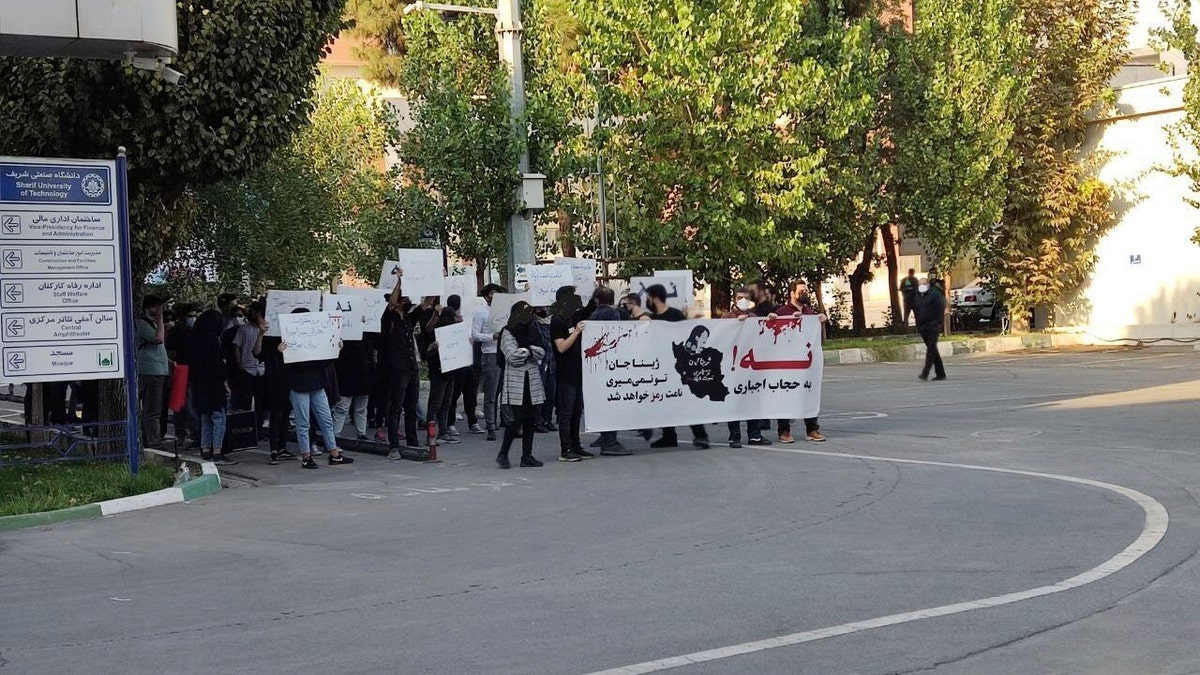 Iranian students hold up signs in protest