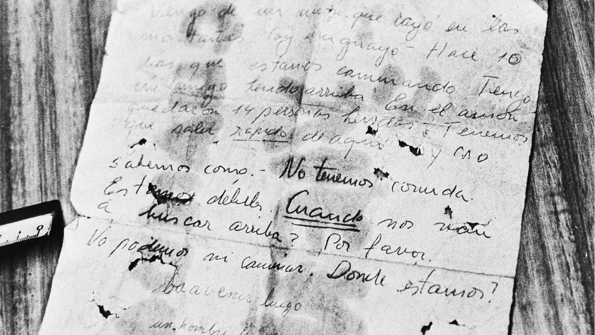Picture of a note written by the Andes survivors requesting help