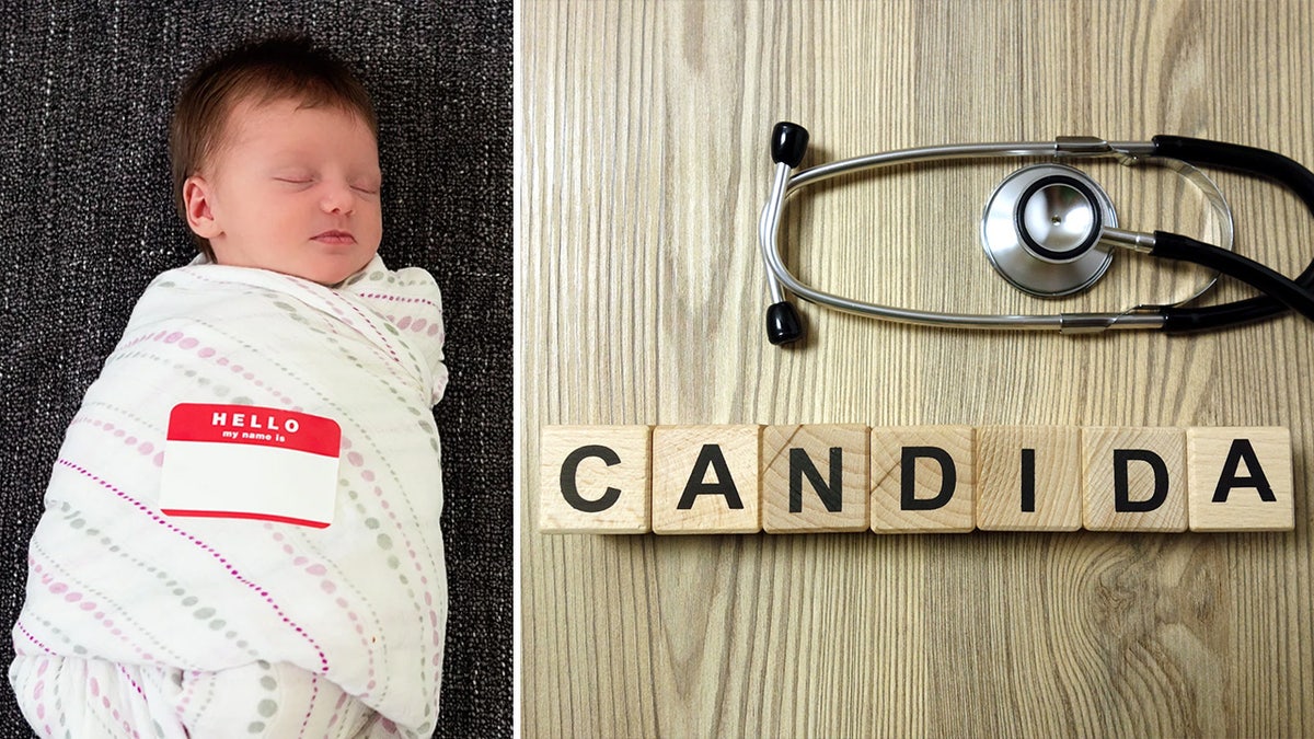 Bundled baby with name tag next to the word "Candida"