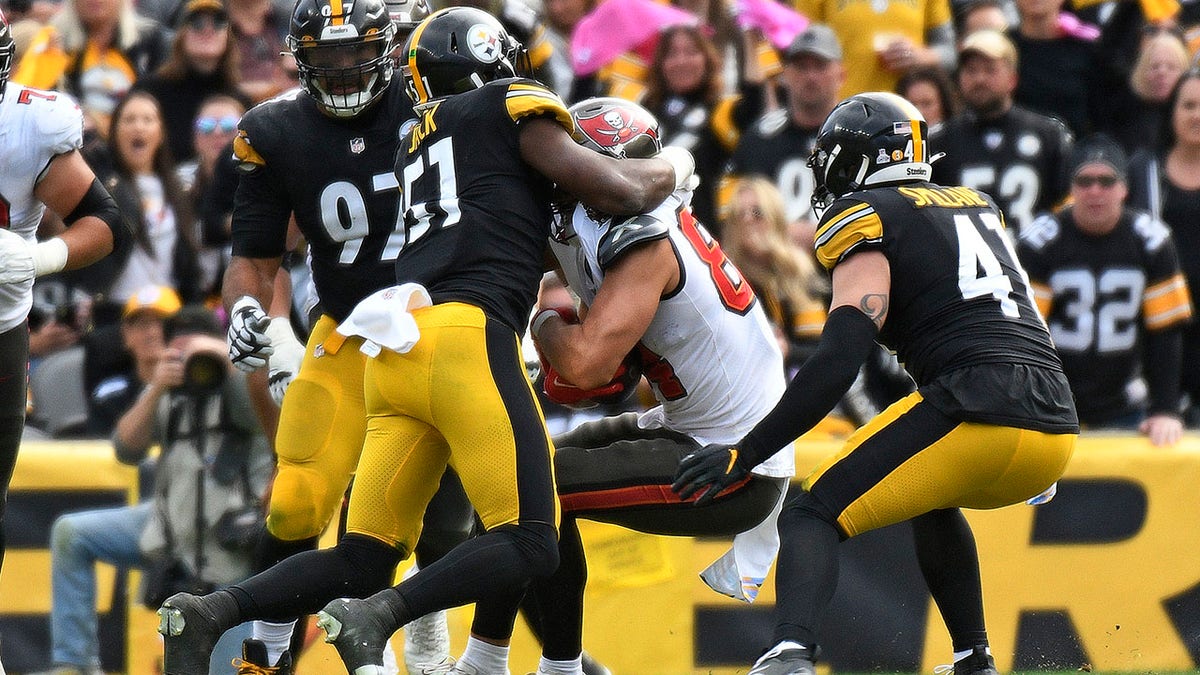 Cameron Brate tackled by Steelers players