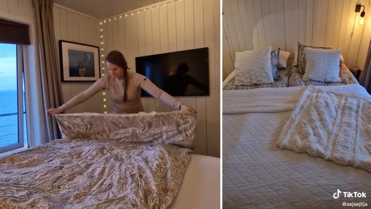 Cecilia Blomdahl makes her bed